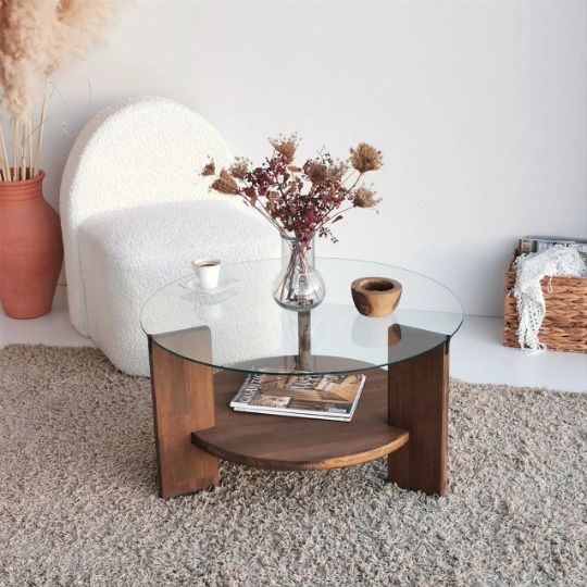 💎 تحفة فنية من زجاج مقوّى وخشب زان – طاولة وسط دائرية عصرية تجمع بين الأناقة والمتانة لغرفة المعيشة 💎 Chef-d’œuvre moderne en verre trempé et bois de hêtre – Table basse circulaire élégante et robuste pour sublimer votre salon