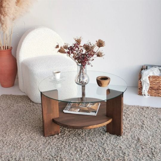 💎 تحفة فنية من زجاج مقوّى وخشب زان – طاولة وسط دائرية عصرية تجمع بين الأناقة والمتانة لغرفة المعيشة      💎 Chef-d’œuvre moderne en verre trempé et bois de hêtre – Table basse circulaire élégante et robuste pour sublimer votre salon